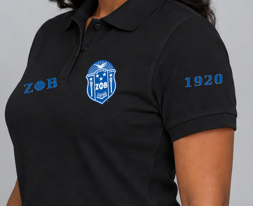 Zeta Phi Beta premium embroidered black polo solid style on model - founding year sleeve detail