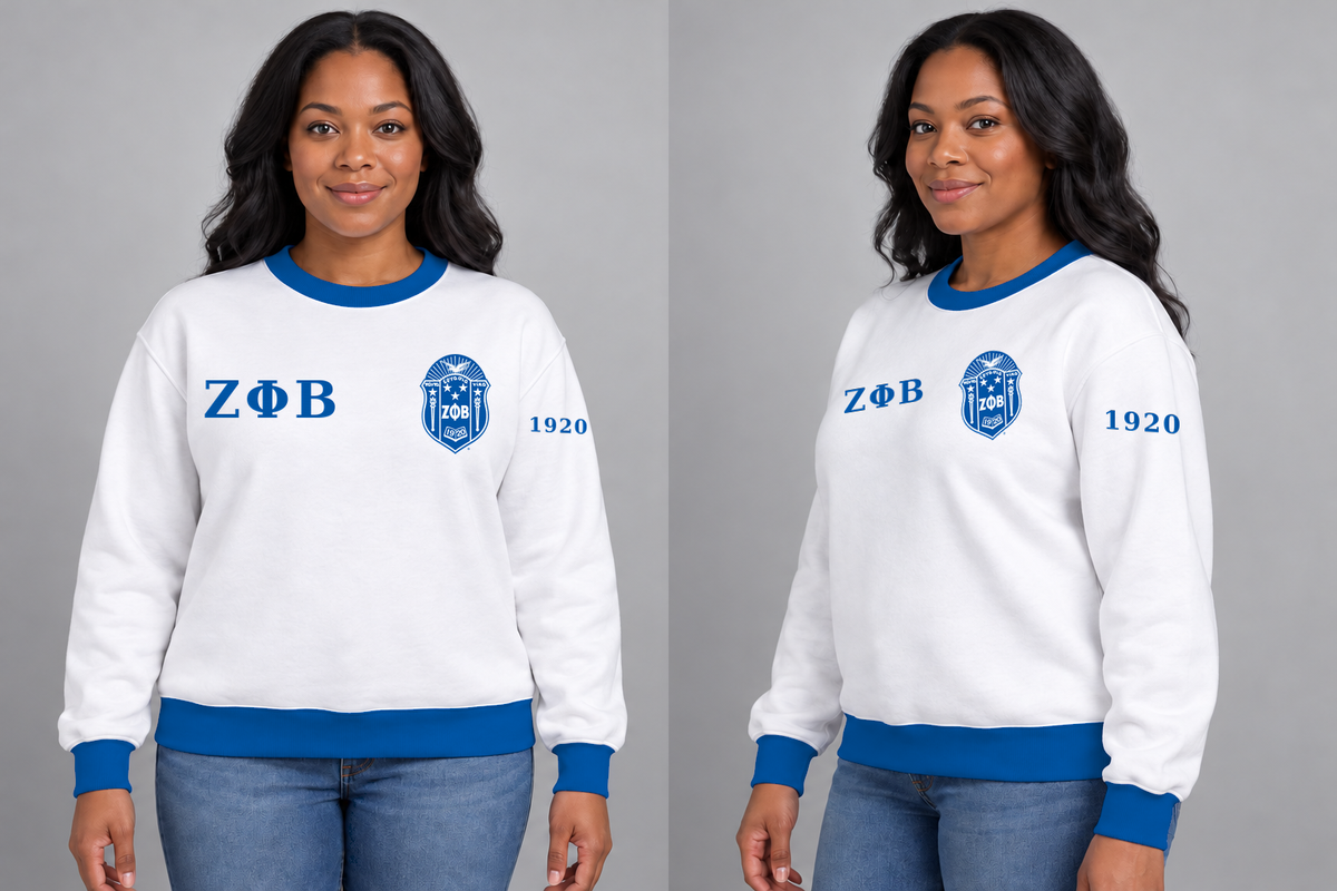 Zeta Phi Beta premium embroidered white solid contrast trim crewneck sweatshirt on model - front and side