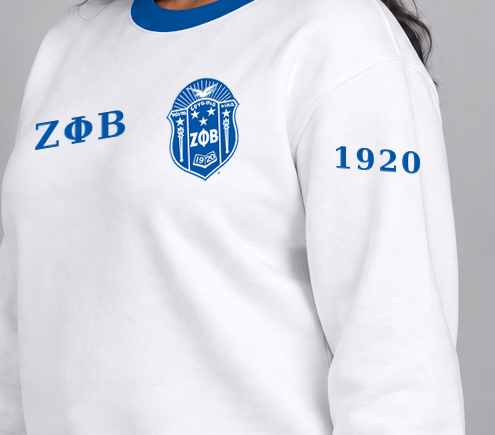 Zeta Phi Beta premium embroidered white solid contrast trim crewneck sweatshirt on model - founding year sleeve detail