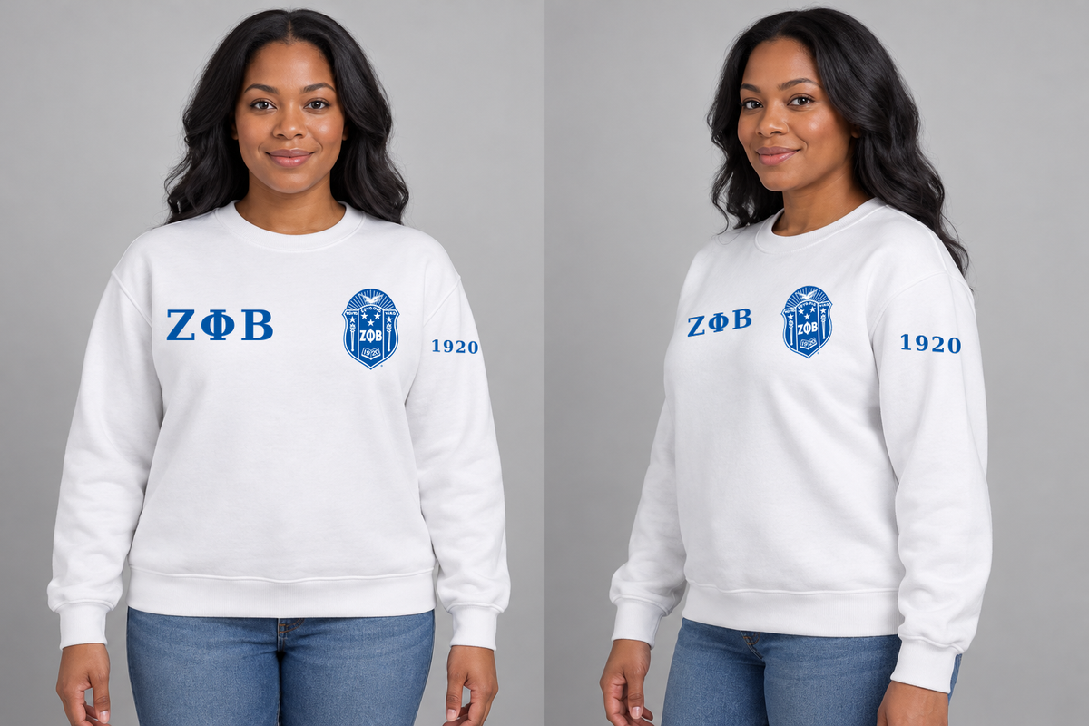 Zeta Phi Beta premium embroidered white solid crewneck sweatshirt on model - front and side