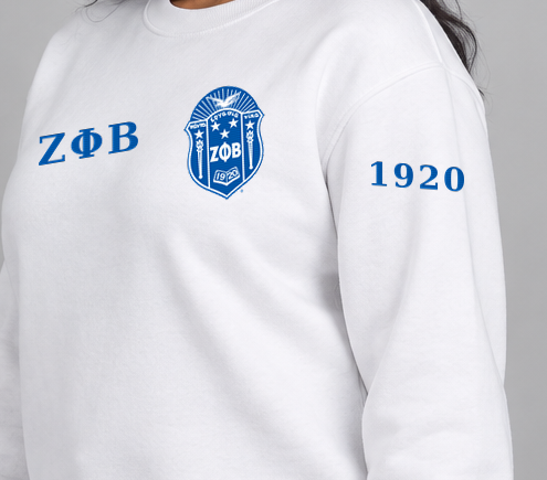 Zeta Phi Beta premium embroidered white solid crewneck sweatshirt on model - founding year sleeve detail