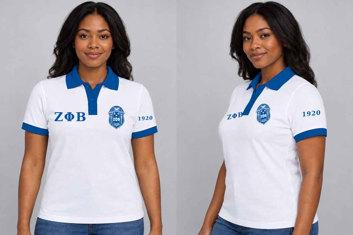 Zeta Phi Beta premium embroidered white solid contrast trim polo on model - front and side