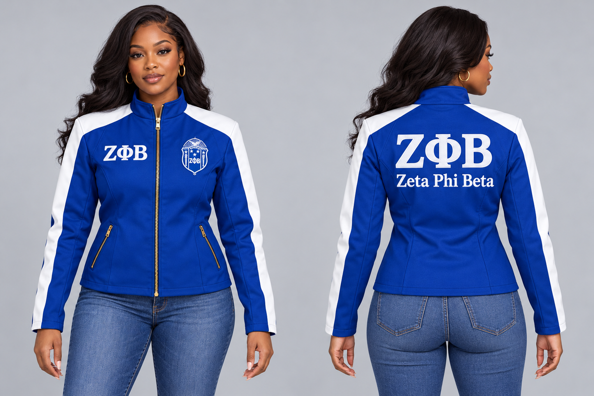 Black woman modeling Zeta royal blue and white custom embroidered contrast racing jacket, front and back views.