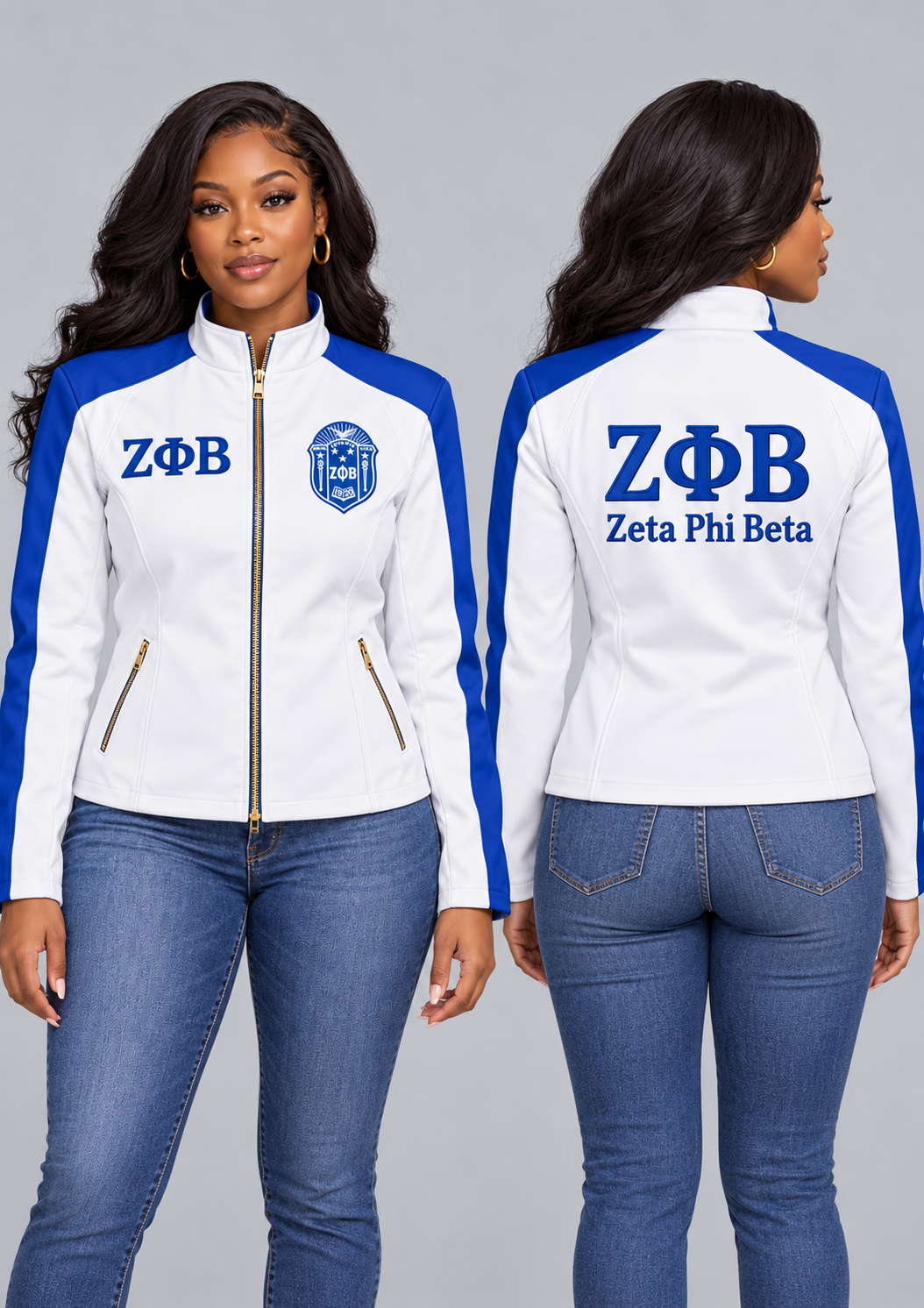 Black woman modeling Zeta white and royal blue custom embroidered contrast racing jacket, front and back views.