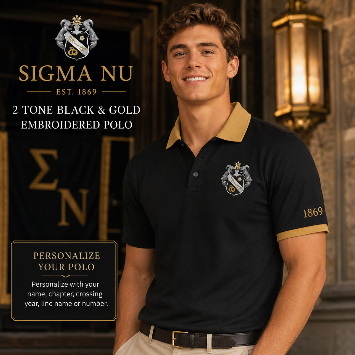 2 Tone Black & Gold Sigma Nu Custom Embroidered Polo Shirt – Personalized