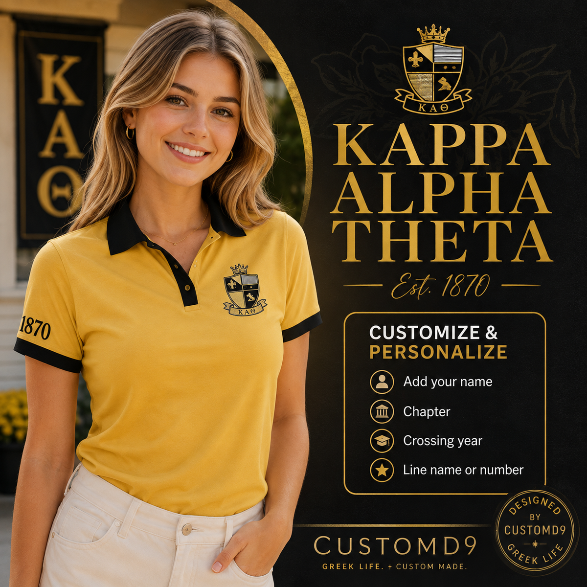 2 Tone Gold & Black Kappa Alpha Theta Custom Embroidered Polo Shirt – Personalized