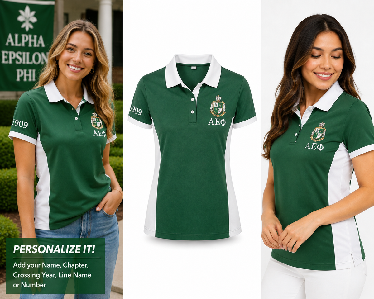 2 Tone Green & White Alpha Epsilon Phi Custom Embroidered Polo Shirt – Personalized