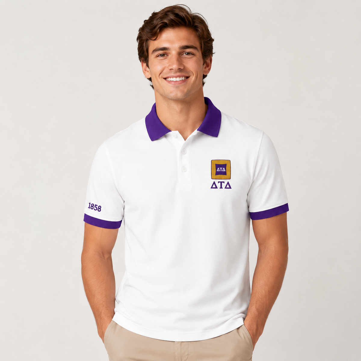 2 Tone White & Royal Purple Delta Tau Delta Custom Embroidered Polo Shirt – Personalized