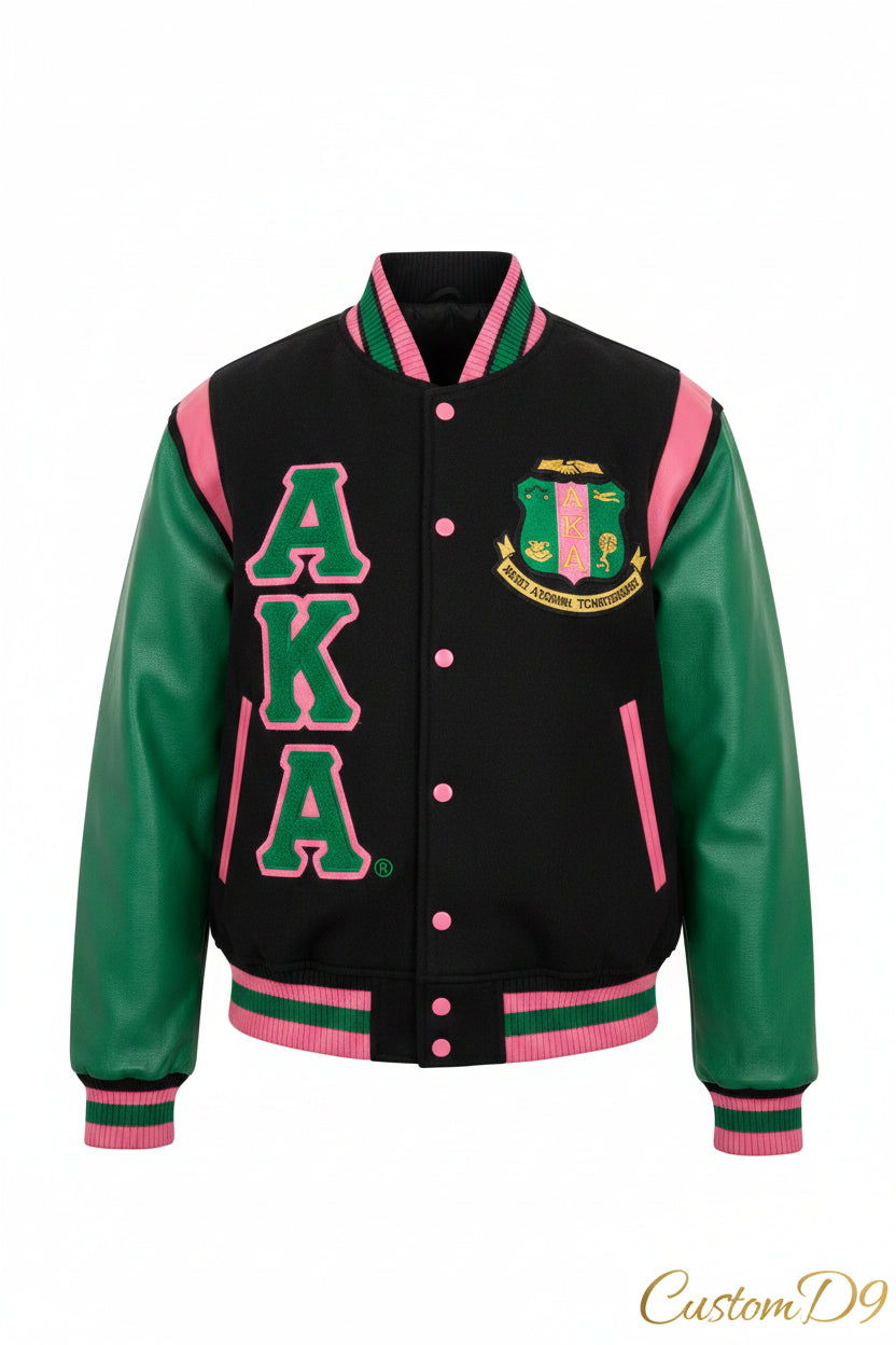 Custom Custom AKA Black Wool and Leather Letterman Jacket | Custom D9 personalized Greek apparel design