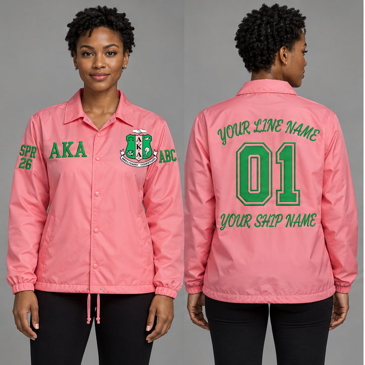 Alpha Kappa Alpha Salmon Pink and Apple Green personalized coach line jacket on an adult model, original supplied crest and ΑΚΑ letters, sample line name, line number 01, ship name, crossing year and chapter initials.