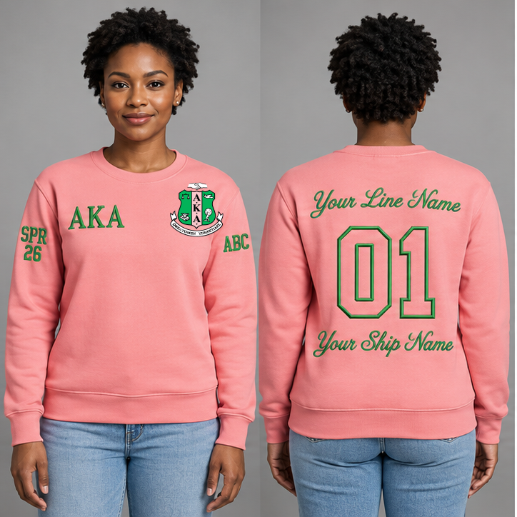 Alpha Kappa Alpha Salmon Pink crewneck sweatshirt on an adult model, Apple Green Greek letters ΑΚΑ, original supplied crest, sample line name, line number 01 and ship name, right sleeve SPR 26 and left sleeve ABC.