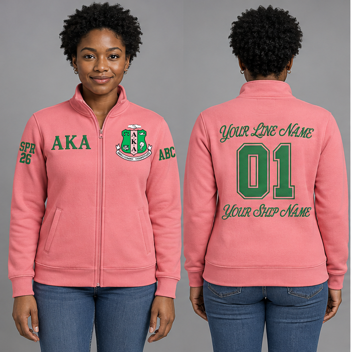Alpha Kappa Alpha Salmon Pink and Apple Green personalized full-zip sweatshirt on an adult model, original supplied crest and ΑΚΑ letters, sample line name, line number01, ship name, crossing year and chapter initials.