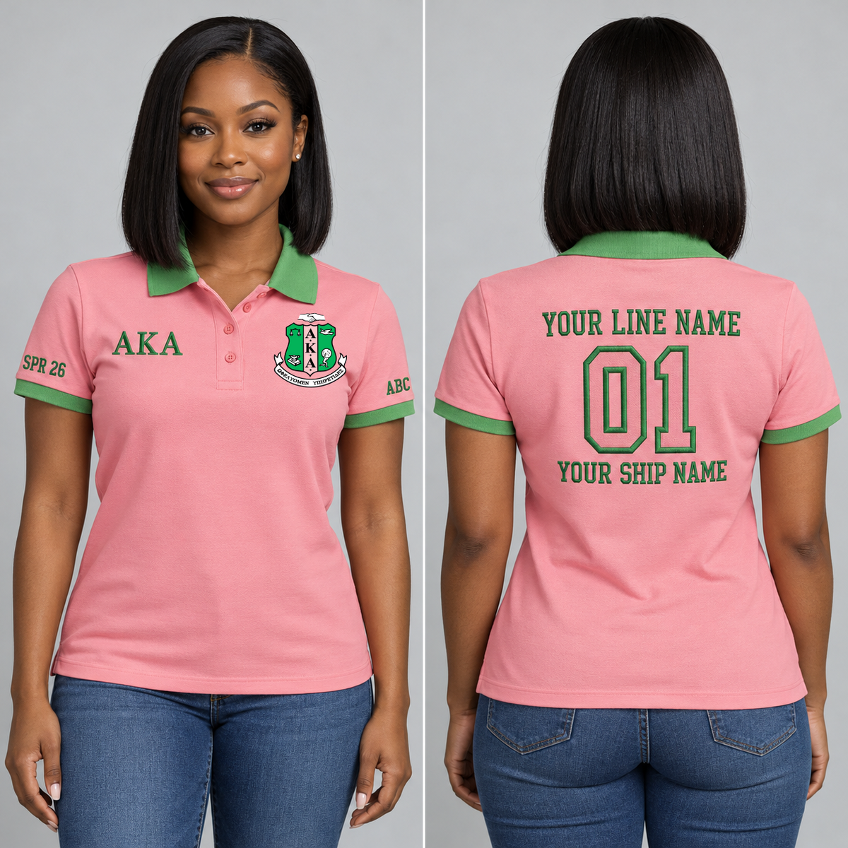 Alpha Kappa Alpha Salmon Pink and Apple Green personalized chapter polo on an adult model, supplied original crest and ΑΚΑ letters, sample line name, 01, ship name and sleeve text.
