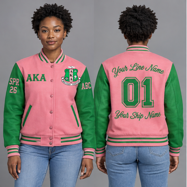 Alpha Kappa Alpha Salmon Pink and Apple Green personalized wool varsity jacket on an adult model, original supplied crest and ΑΚΑ letters, sample line name, line number 01, ship name, crossing year and chapter initials.