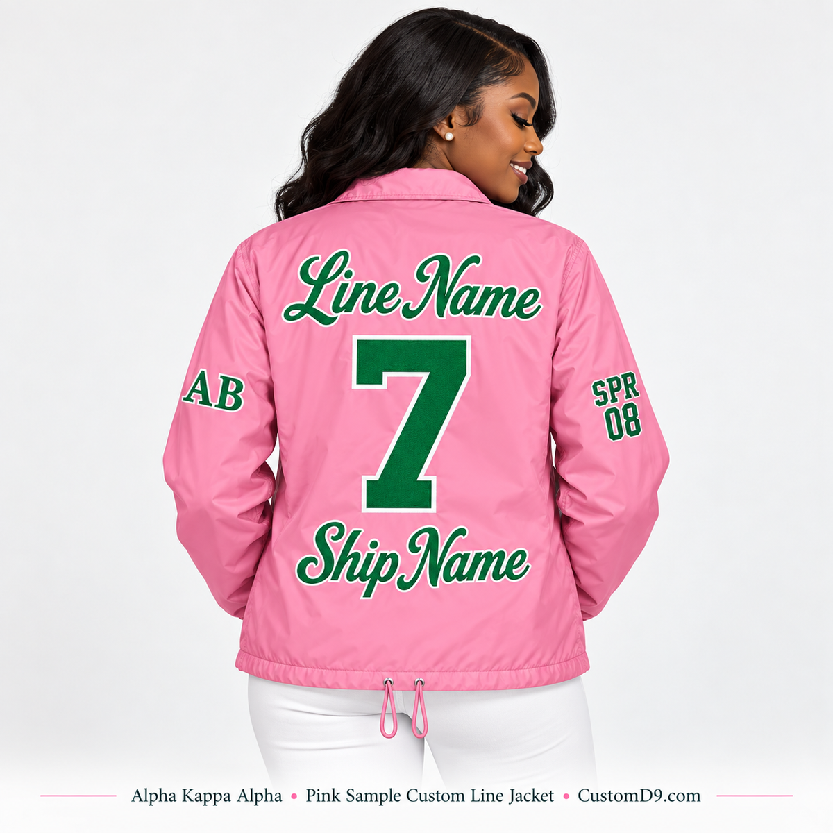 Back view pink Alpha Kappa Alpha personalized line jacket