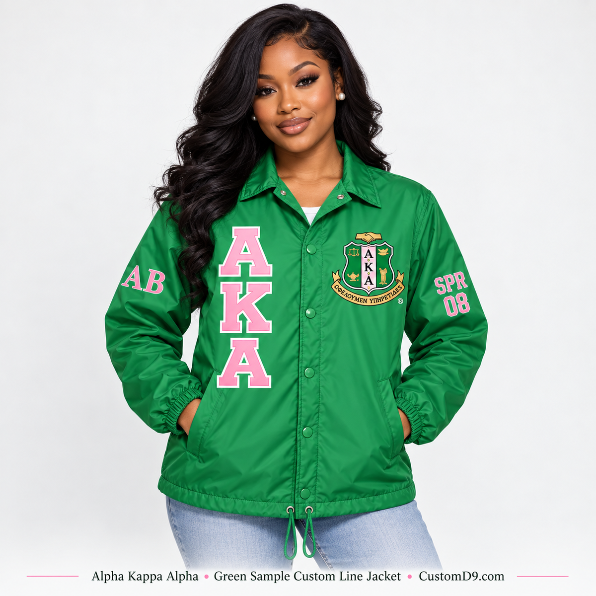 Model wearing green Alpha Kappa Alpha custom line jacket