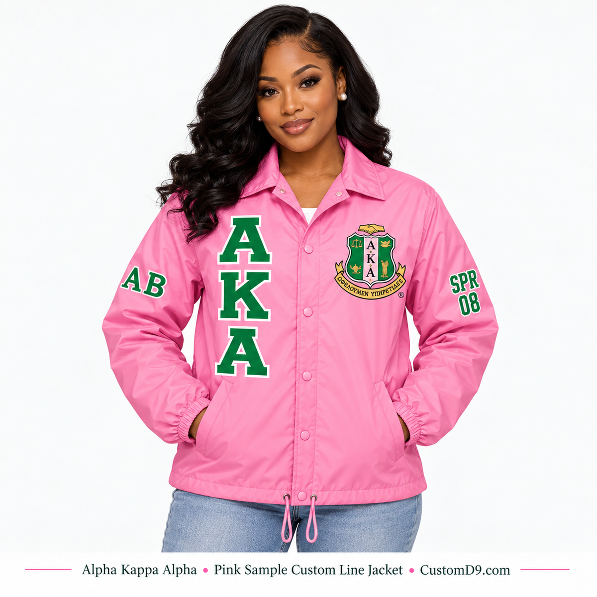 Model wearing pink Alpha Kappa Alpha custom line jacket