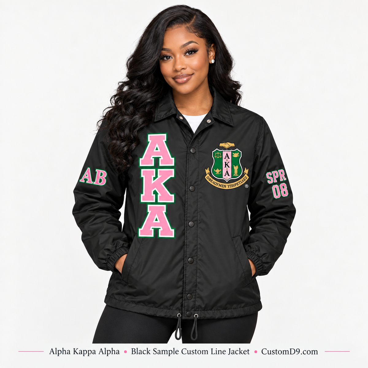 Model wearing black Alpha Kappa Alpha custom line jacket