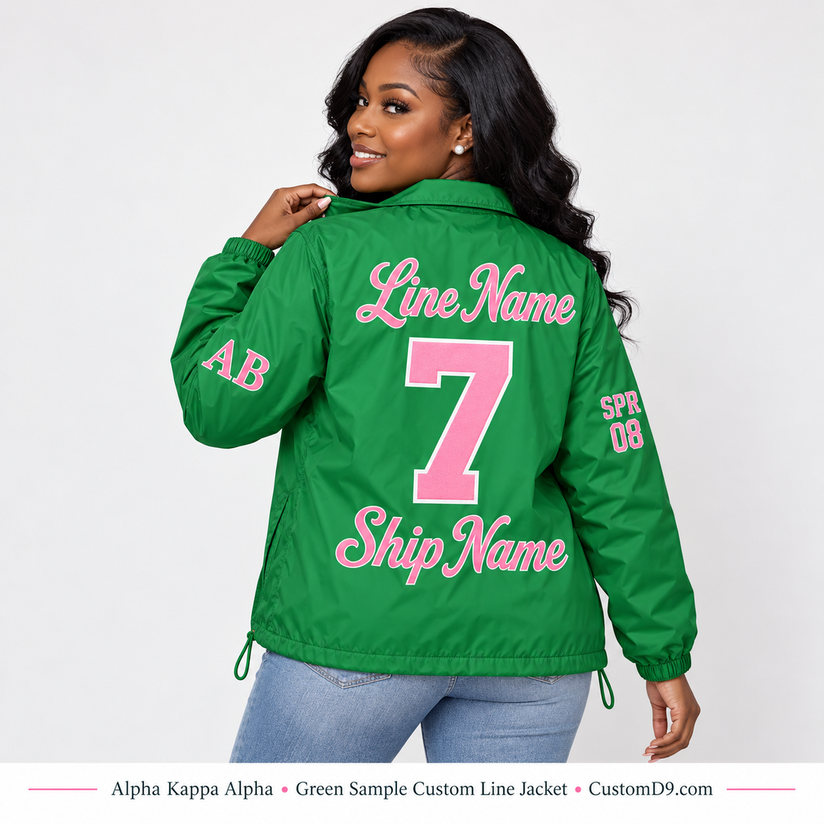 Back view green Alpha Kappa Alpha personalized line jacket