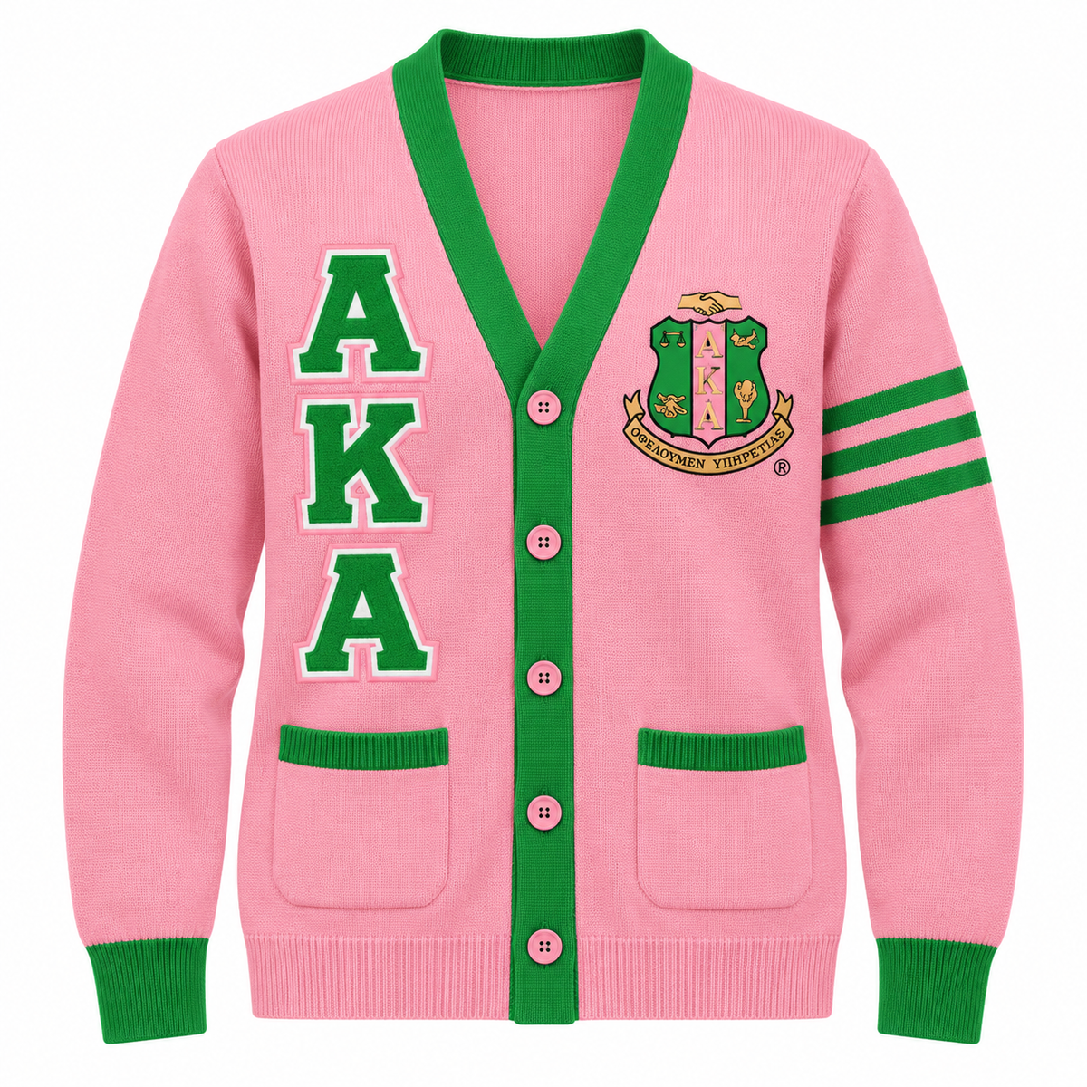 Alpha Kappa Alpha pink cardigan with green trim, stacked AKA letters, crest, pockets, and sleeve stripes