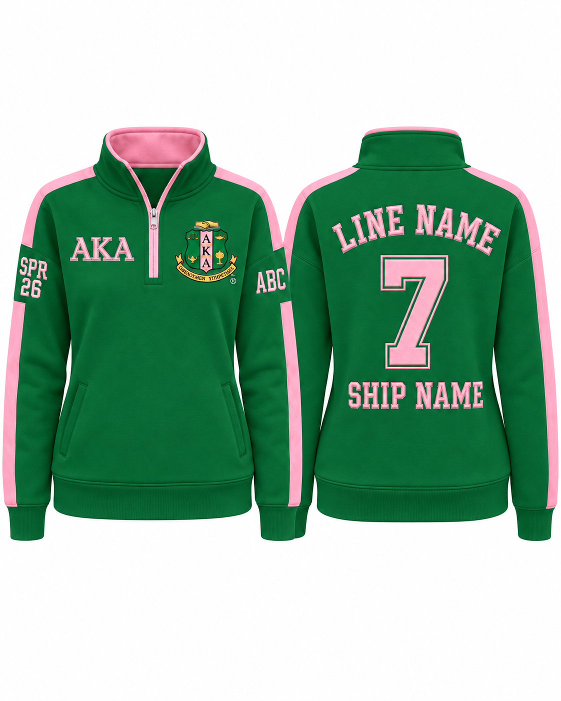 Alpha Kappa Alpha green and pink custom embroidered quarter zip pullover front and back