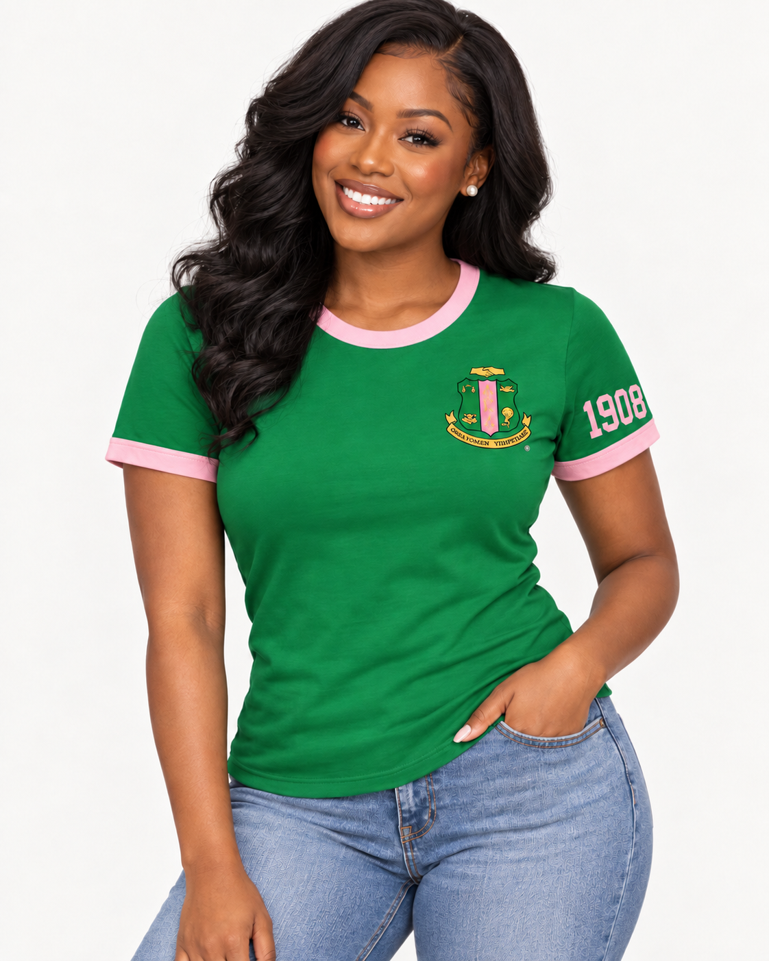 Black woman modeling green Alpha Kappa Alpha ringer T-shirt with pink trim, left chest crest, and 1908 on the same-side sleeve