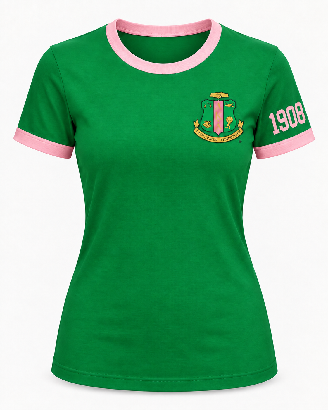 Green Alpha Kappa Alpha ringer T-shirt with pink trim, standard left chest crest, and 1908 on the crest-side sleeve