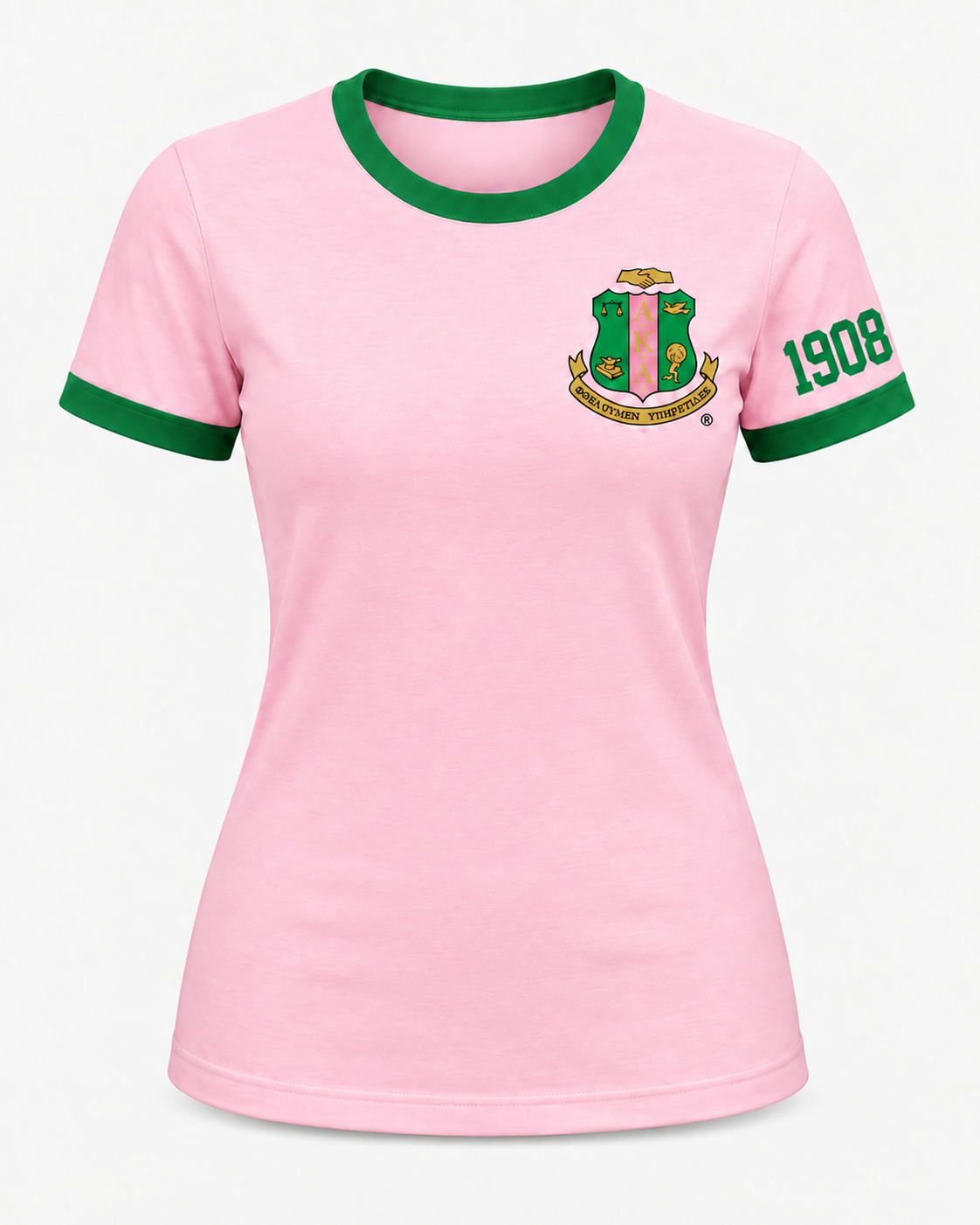 Pink Alpha Kappa Alpha ringer T-shirt with green trim, standard left chest crest, and 1908 on the crest-side sleeve