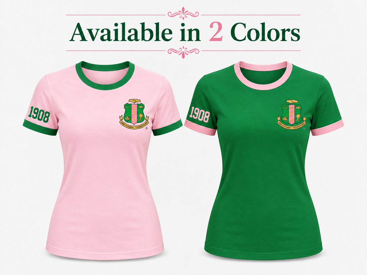 Alpha Kappa Alpha ringer T-shirts in pink with green trim and green with pink trim, standard left chest crest and 1908 on the crest-side sleeve