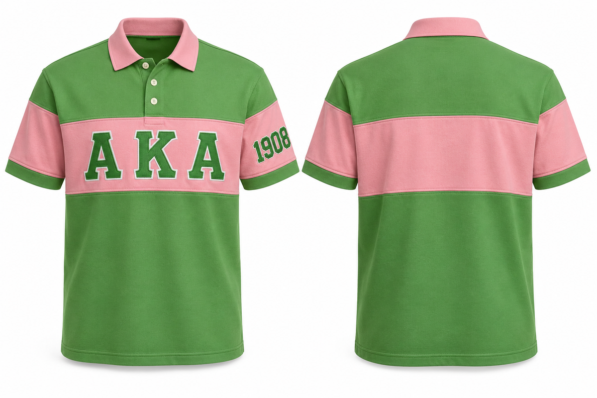 Alpha Kappa Alpha green and pink sewn-panel rugby polo front and back