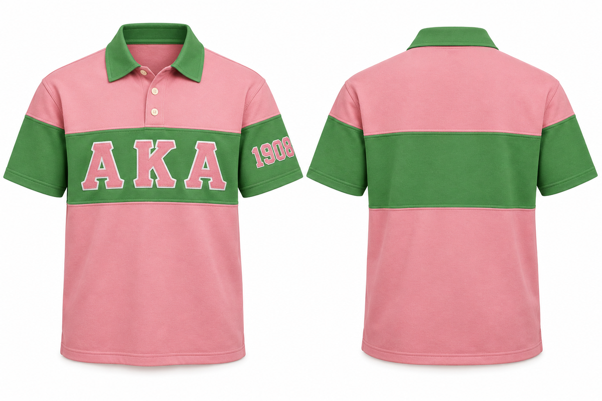 Alpha Kappa Alpha pink and green sewn-panel rugby polo front and back