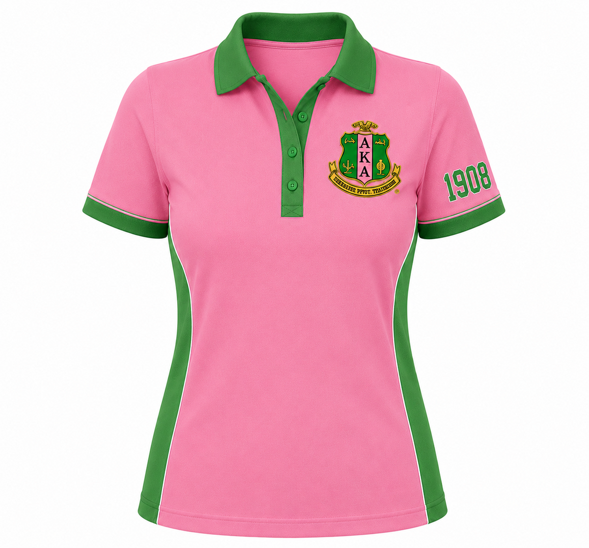 Alpha Kappa Alpha salmon pink and apple green panel polo shirt with embroidered crest and 1908 sleeve