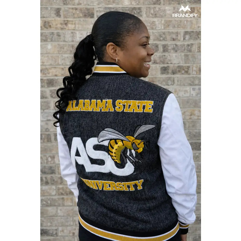 Custom Custom Alabama State Black Denim Bomber Jacket | Custom D9 personalized Greek apparel design