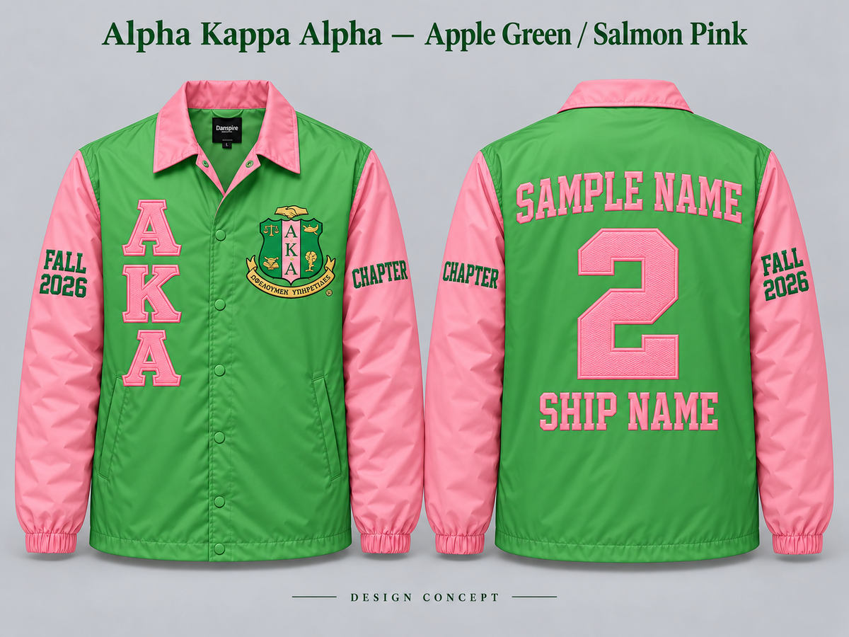 Alpha Kappa Alpha Apple Green body with Salmon Pink collar and sleeves contrast line jacket, front and back sample embroidery