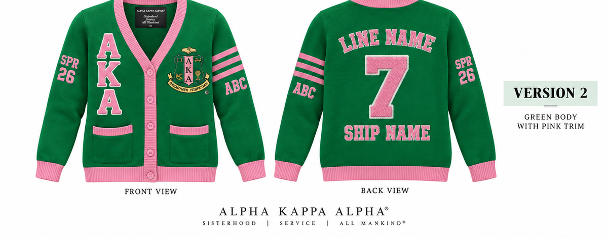 Alpha Kappa Alpha custom embroidered cardigan green body pink trim sample front and back