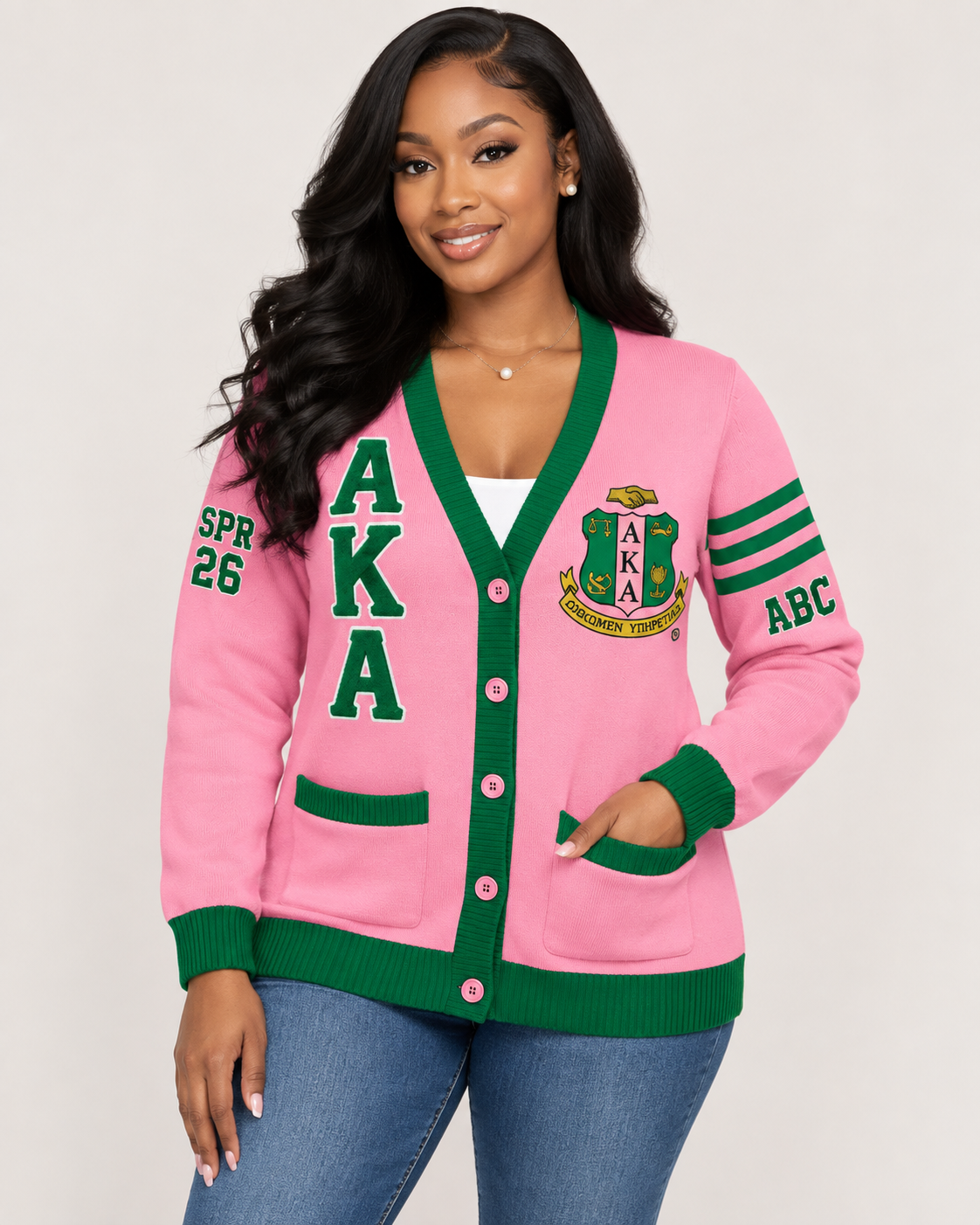 Alpha Kappa Alpha custom cardigan in pink and green shown on model