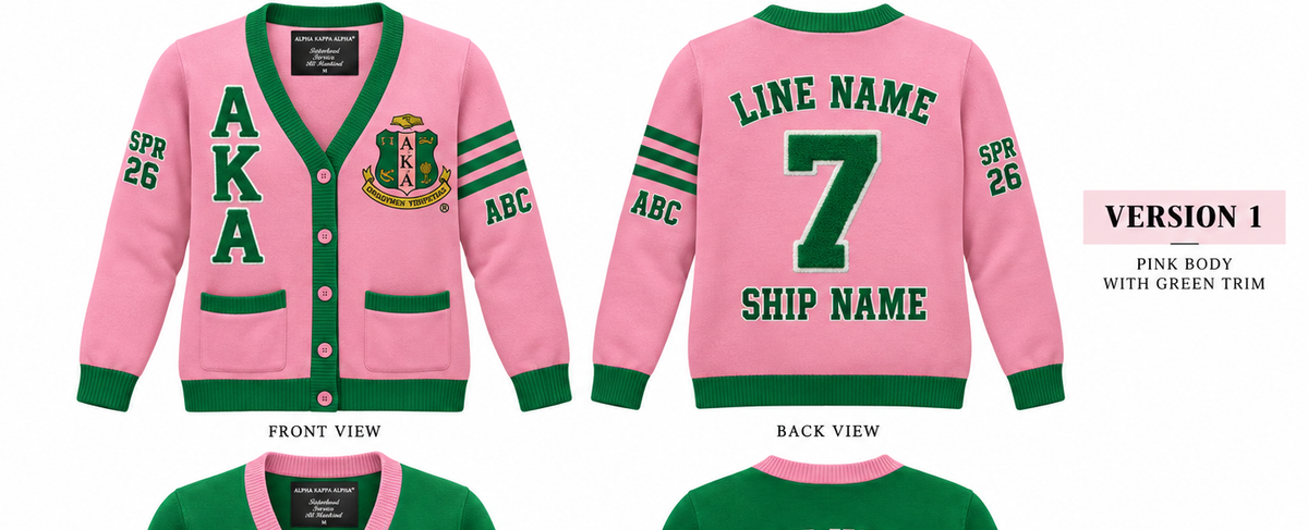 Alpha Kappa Alpha custom embroidered cardigan pink body green trim sample front and back