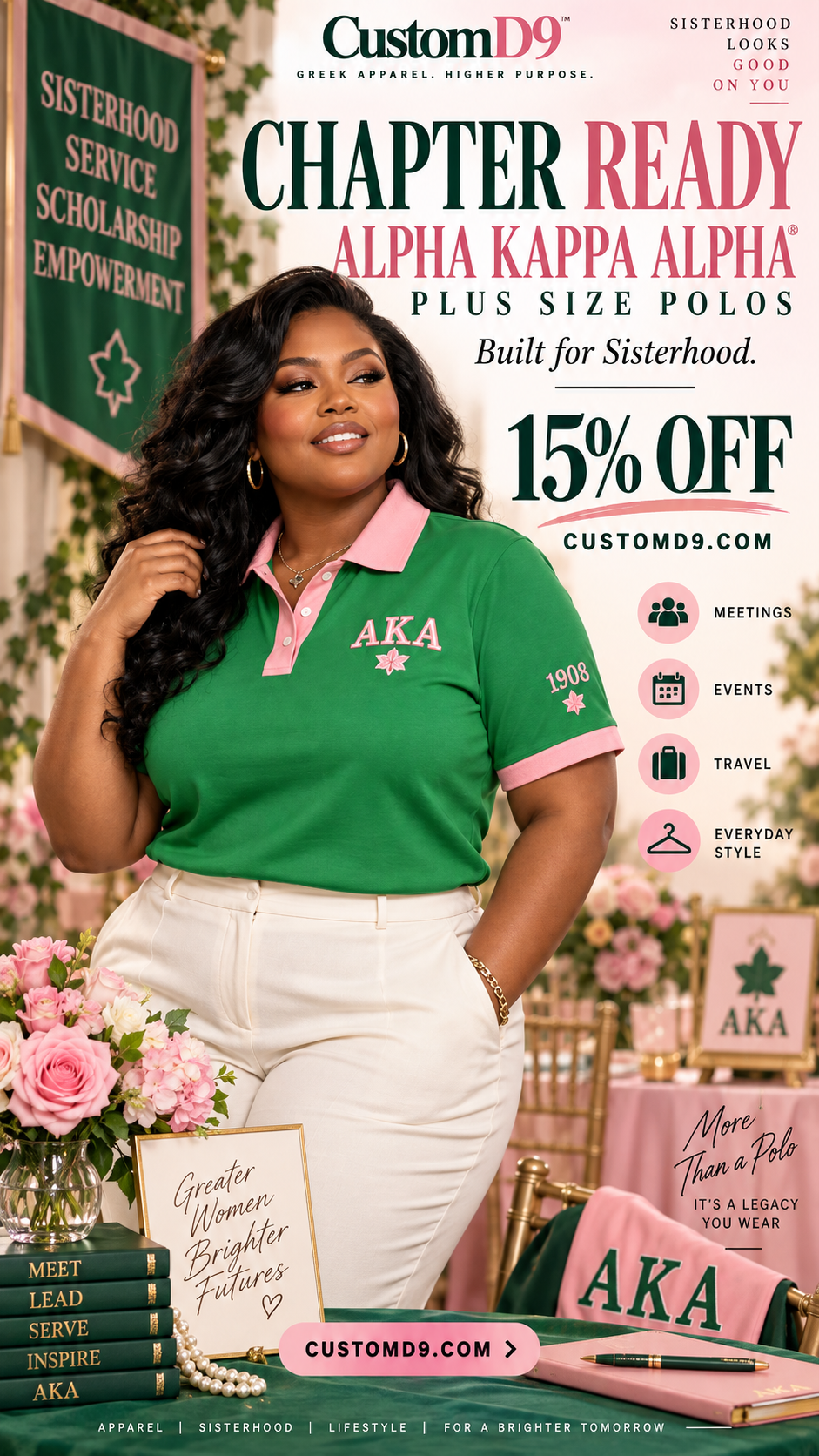 Alpha Kappa Alpha chapter-ready plus size green and pink polo