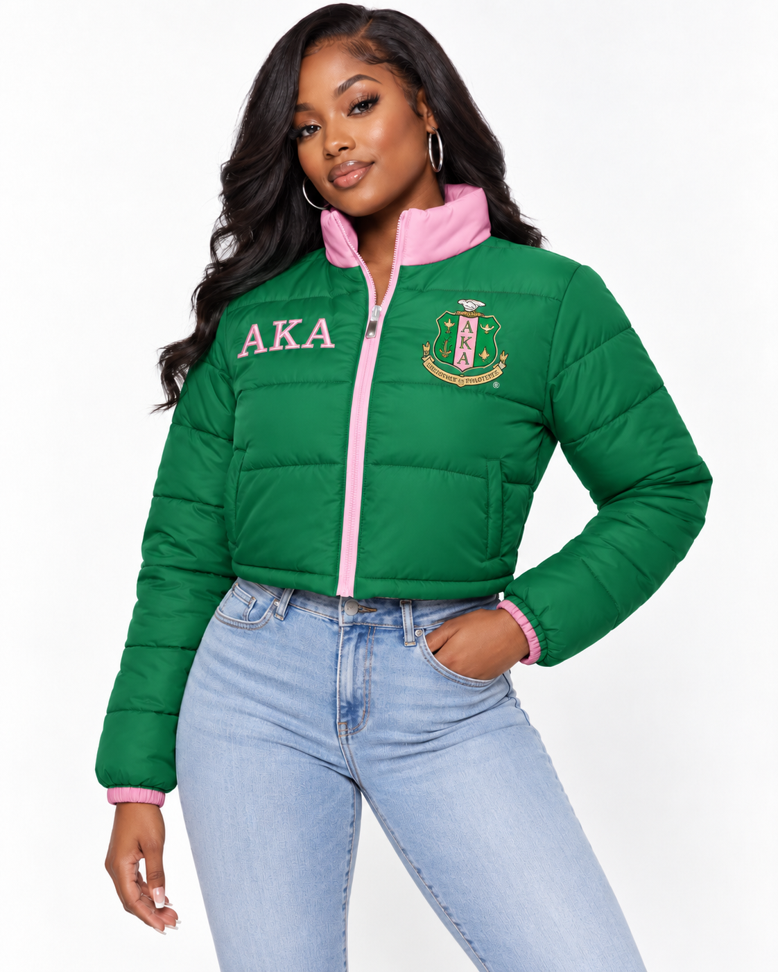 Alpha Kappa Alpha green cropped puffer jacket with pink contrast and embroidery on female model