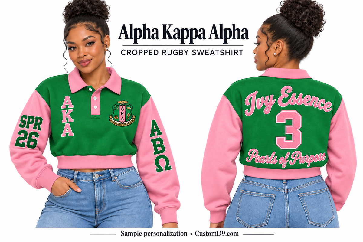 Alpha Kappa Alpha Green & Pink Cropped Rugby Sweatshirt, front and back model views with optional crest, Greek letters and sample sleeve and back personalization