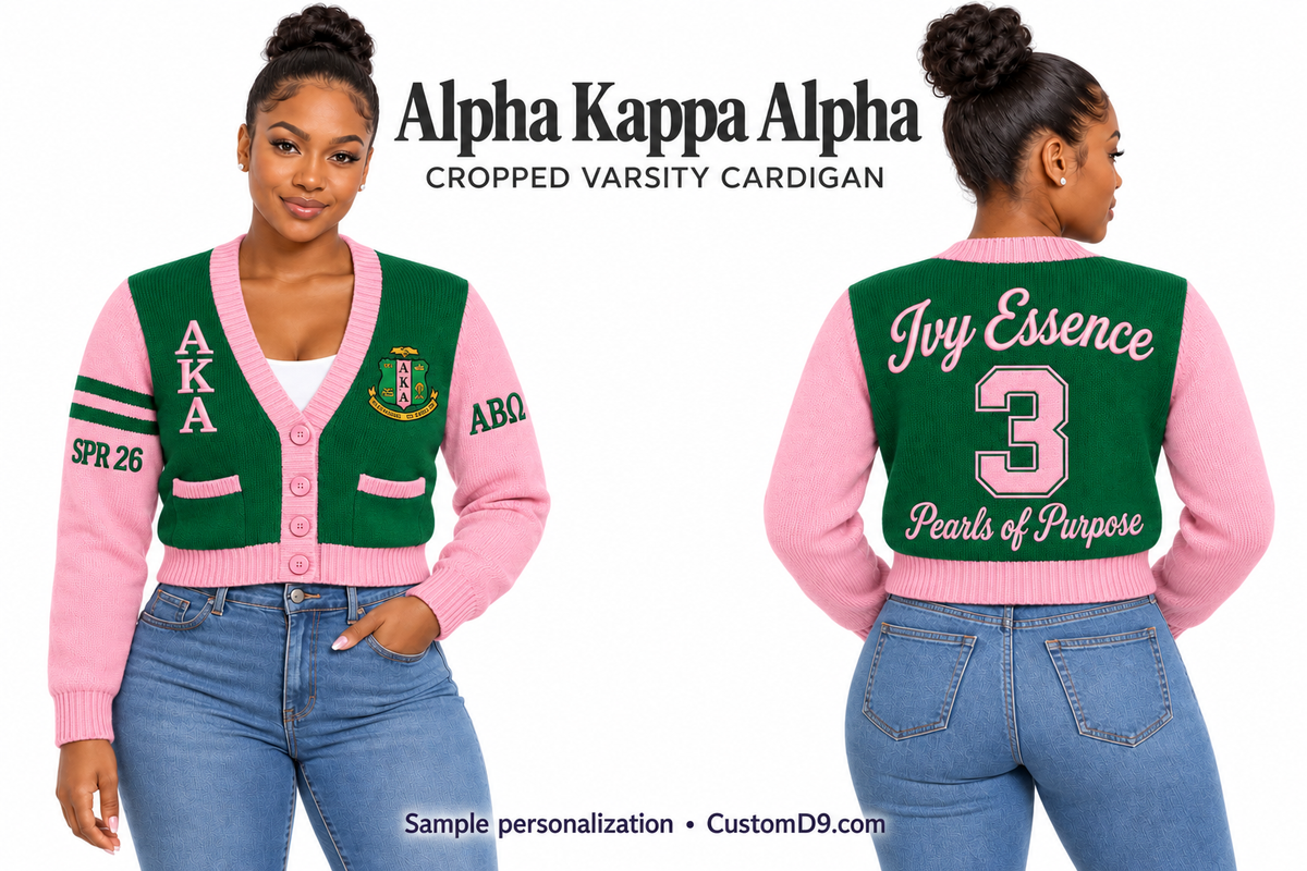 Alpha Kappa Alpha green & pink Cropped Varsity Cardigan on model, front and back showing optional crest, Greek letters and sample personalization