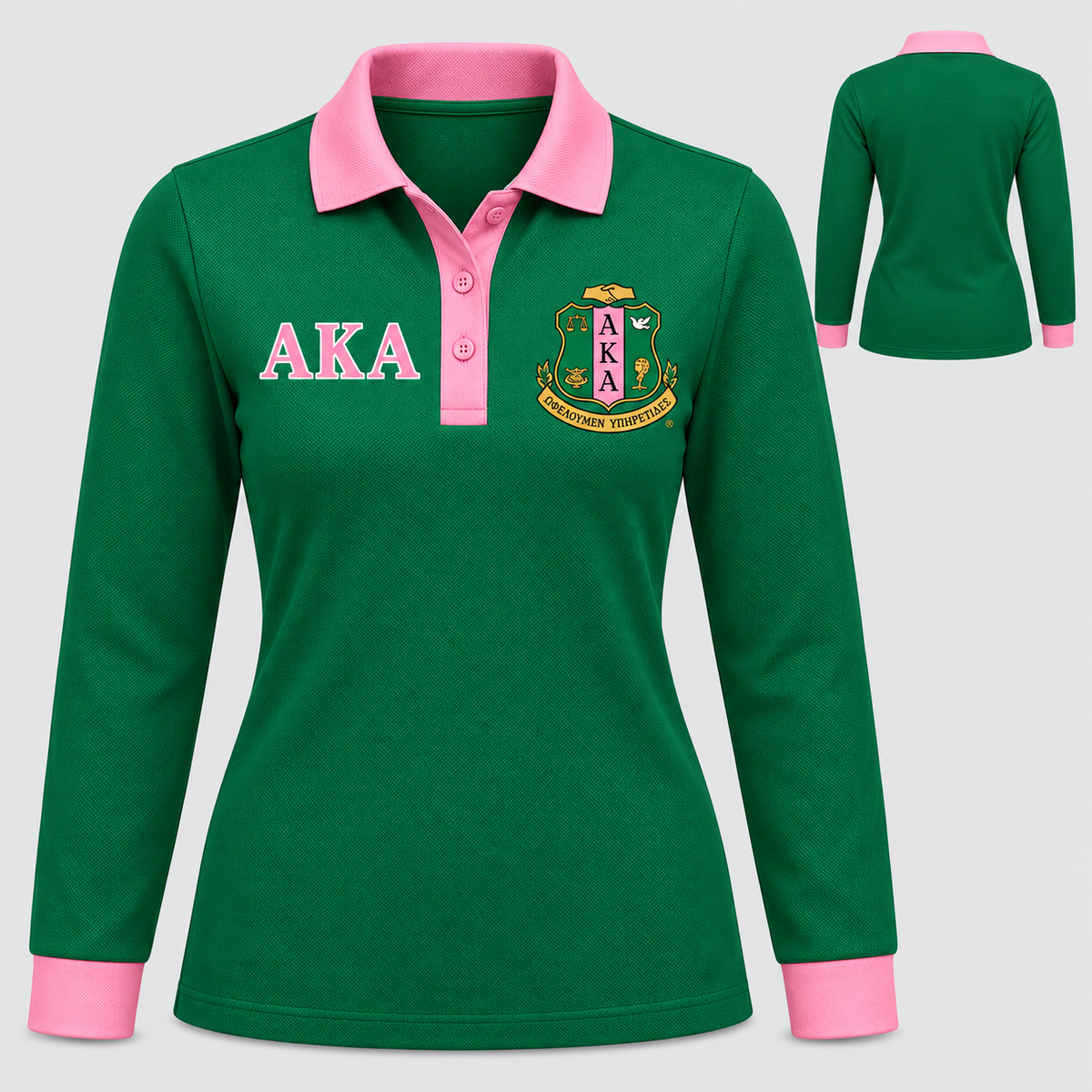 Alpha Kappa Alpha green body pink collar placket and cuffs long sleeve contrast polo front and back