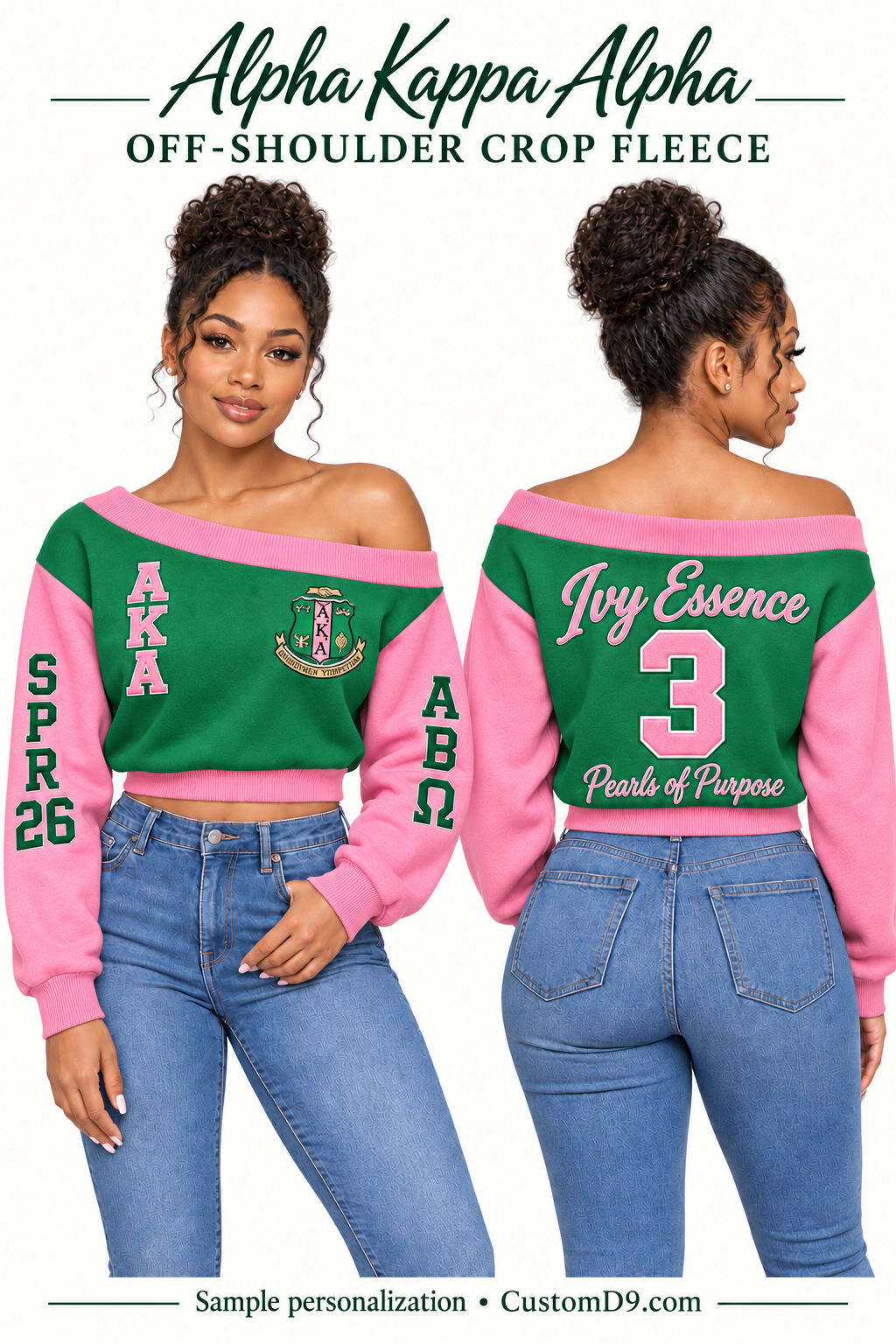 Alpha Kappa Alpha Green & Pink Off-Shoulder Cropped Sweatshirt, front and back model views of optional crest, letters and personalized embroidery