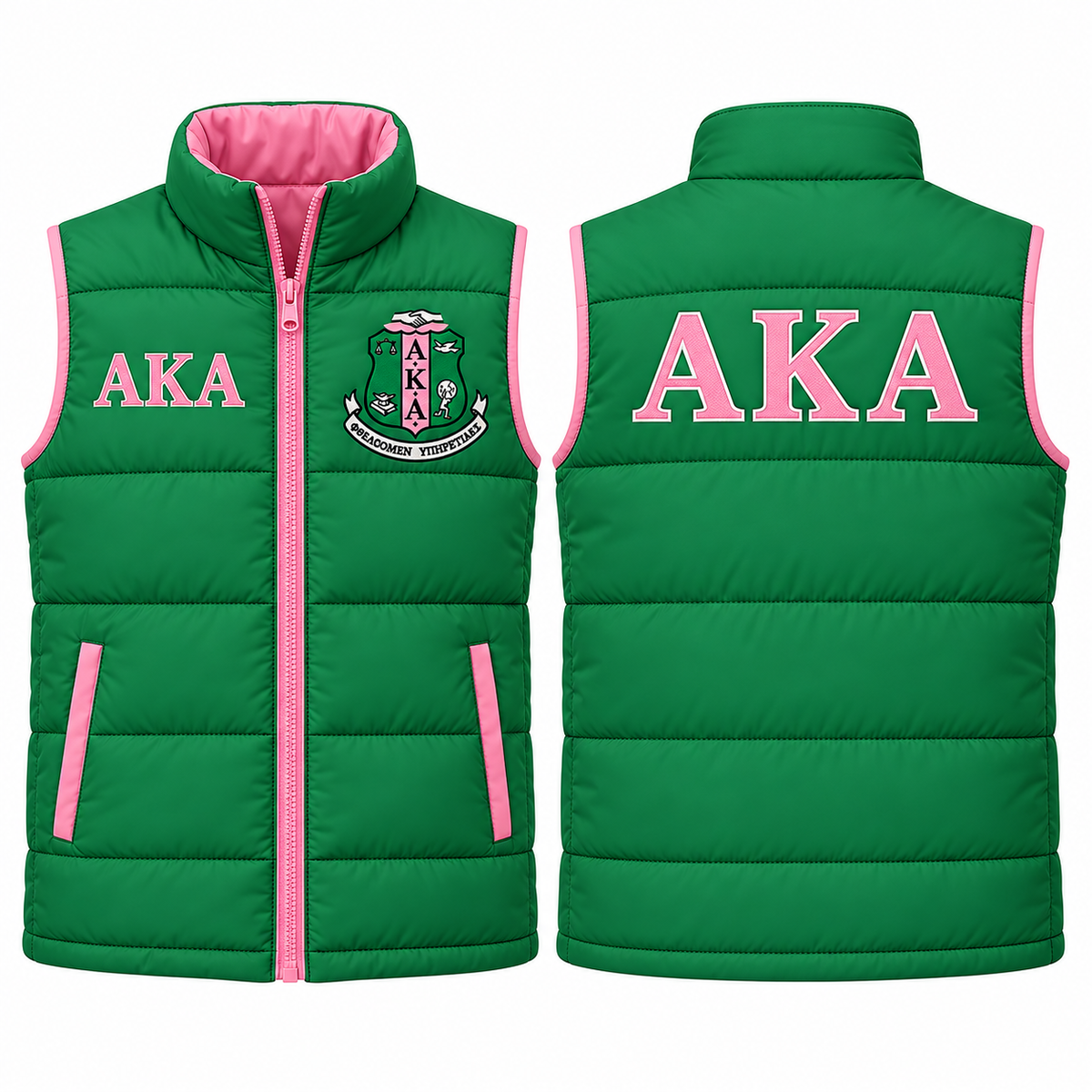 Alpha Kappa Alpha green and pink custom embroidered puffer vest front and back