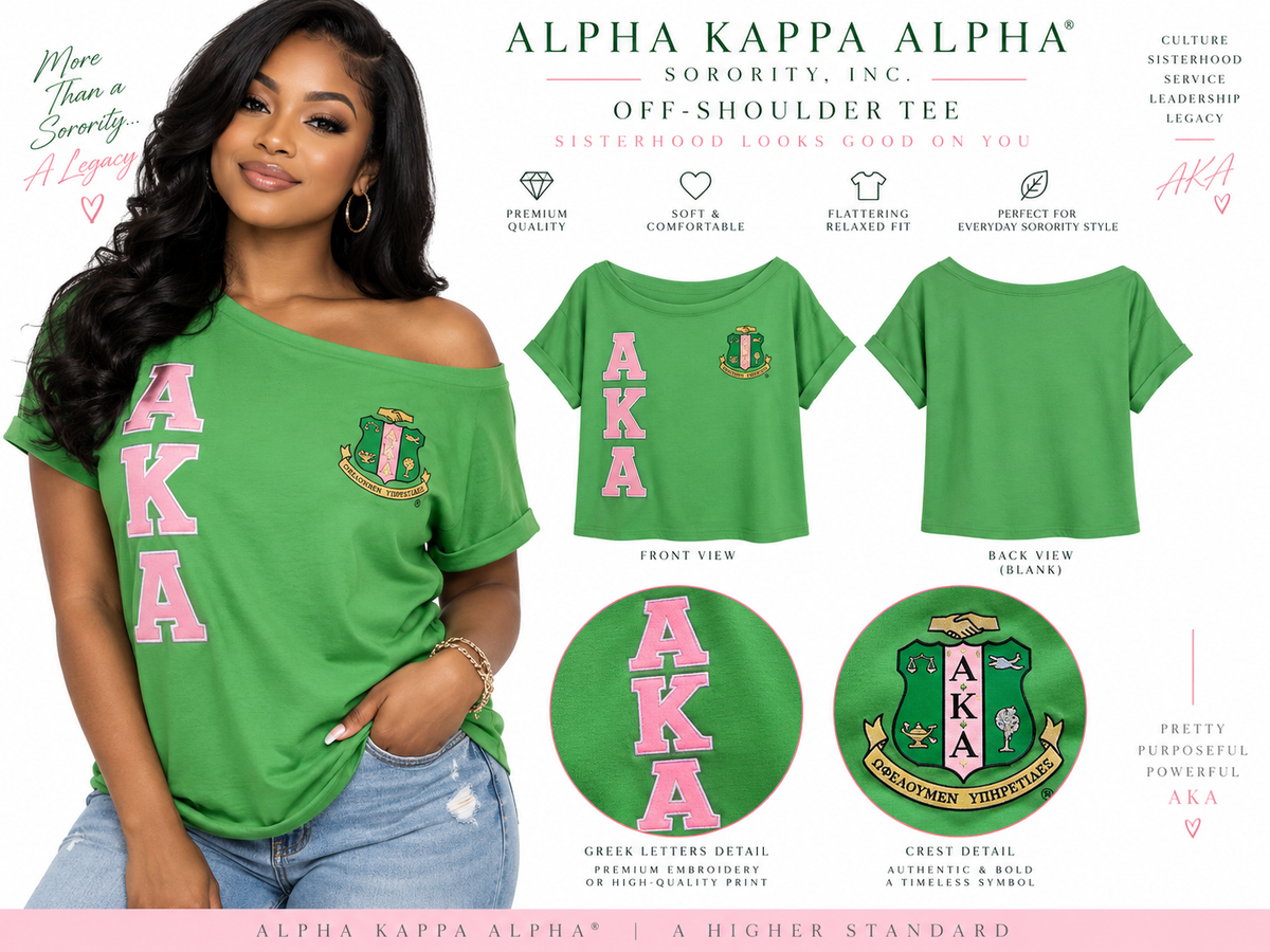 Alpha Kappa Alpha women's off-shoulder embroidered tee green and pink
