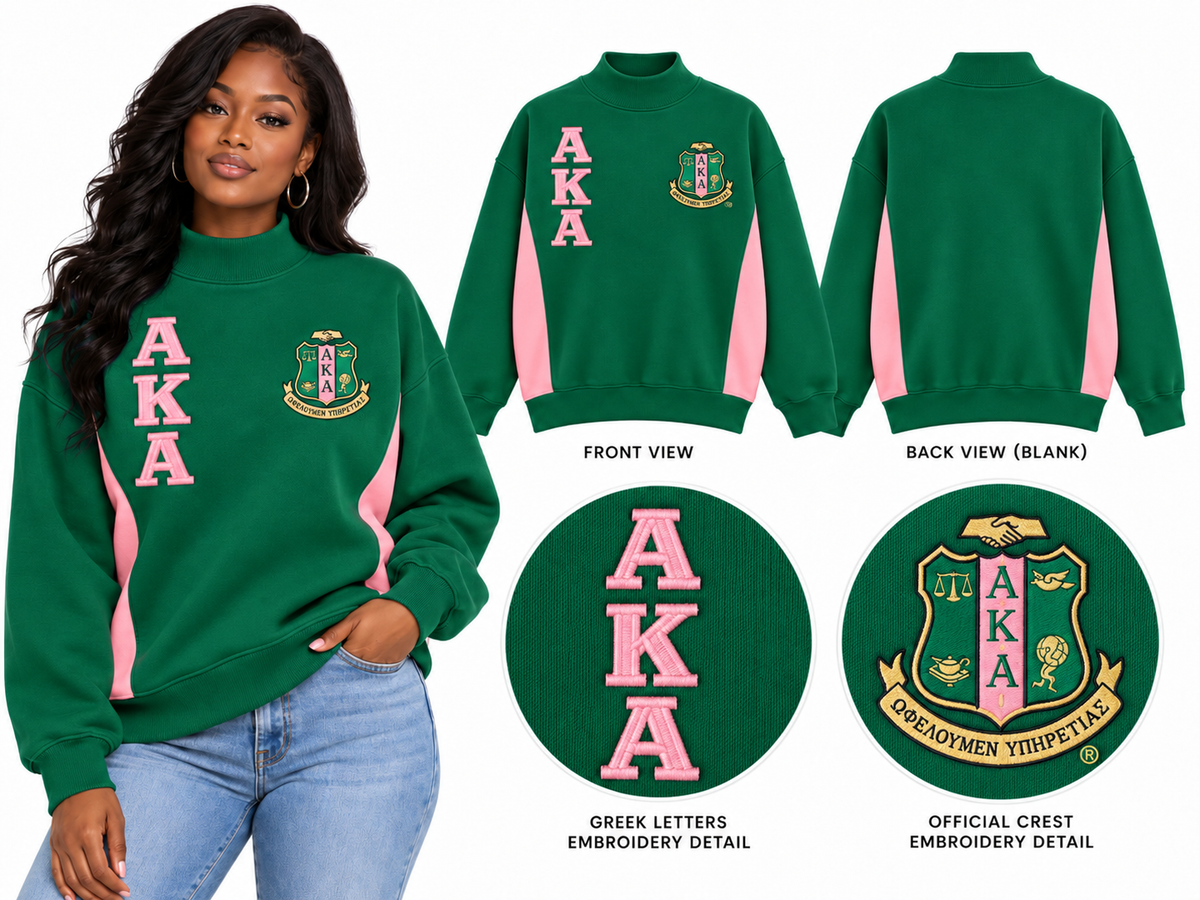 Alpha Kappa Alpha oversized mock-neck embroidered sweatshirt green and pink