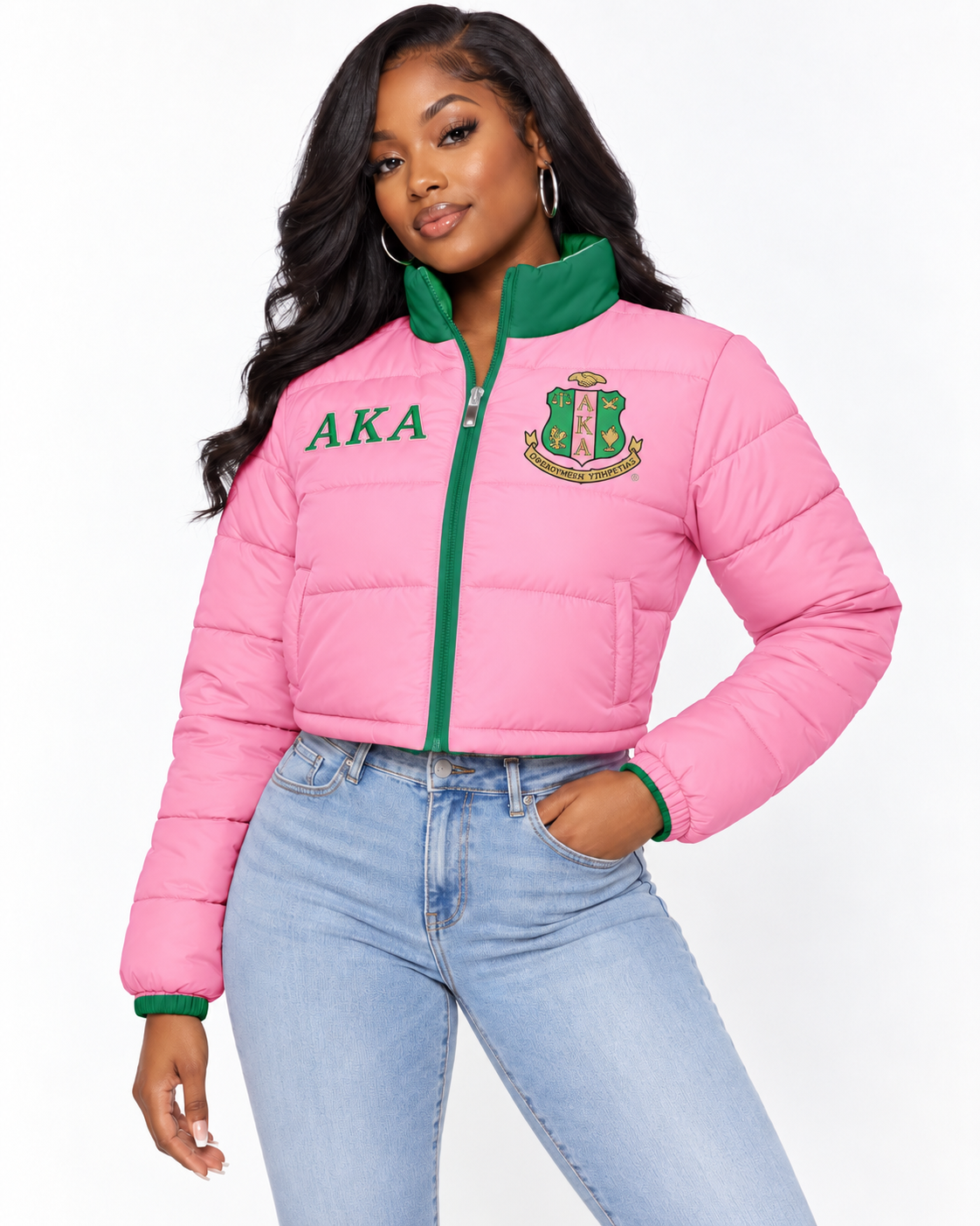 Alpha Kappa Alpha pink cropped puffer jacket with green contrast and embroidery on female model