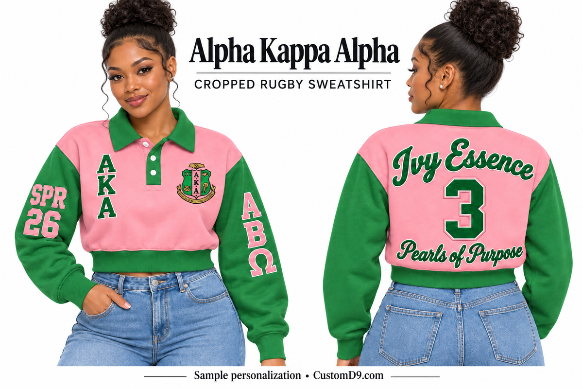 Alpha Kappa Alpha Pink & Green Cropped Rugby Sweatshirt, front and back model views with optional crest, Greek letters and sample sleeve and back personalization
