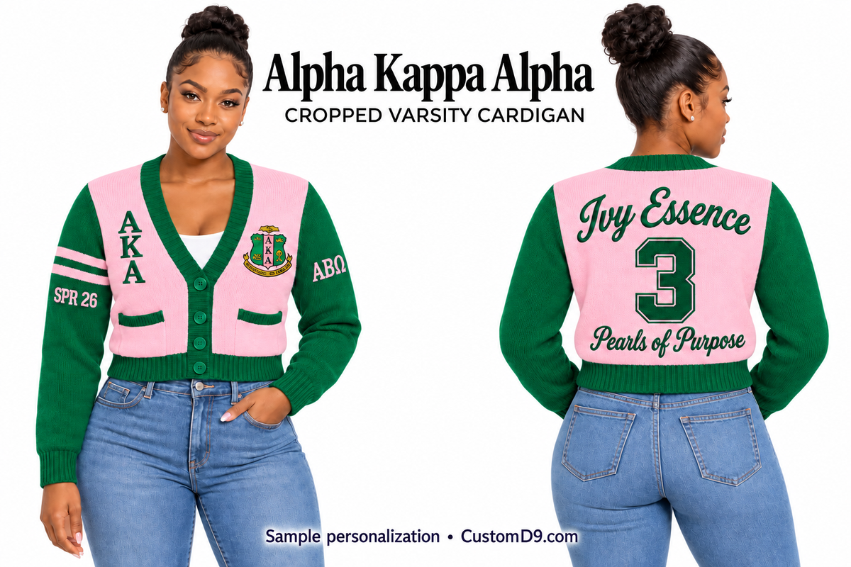 Alpha Kappa Alpha pink & green Cropped Varsity Cardigan on model, front and back showing optional crest, Greek letters and sample personalization