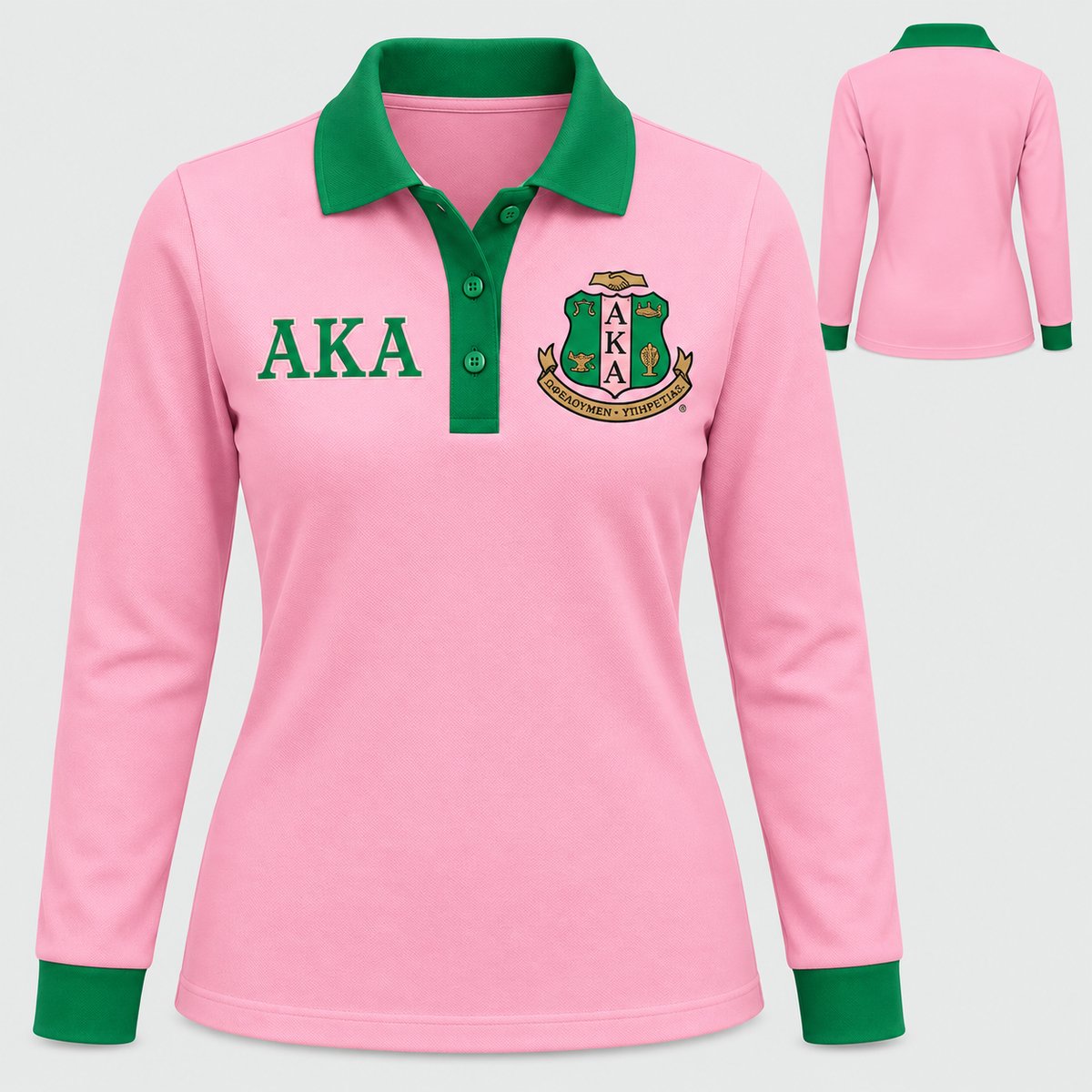 Alpha Kappa Alpha pink body green collar placket and cuffs long sleeve contrast polo front and back